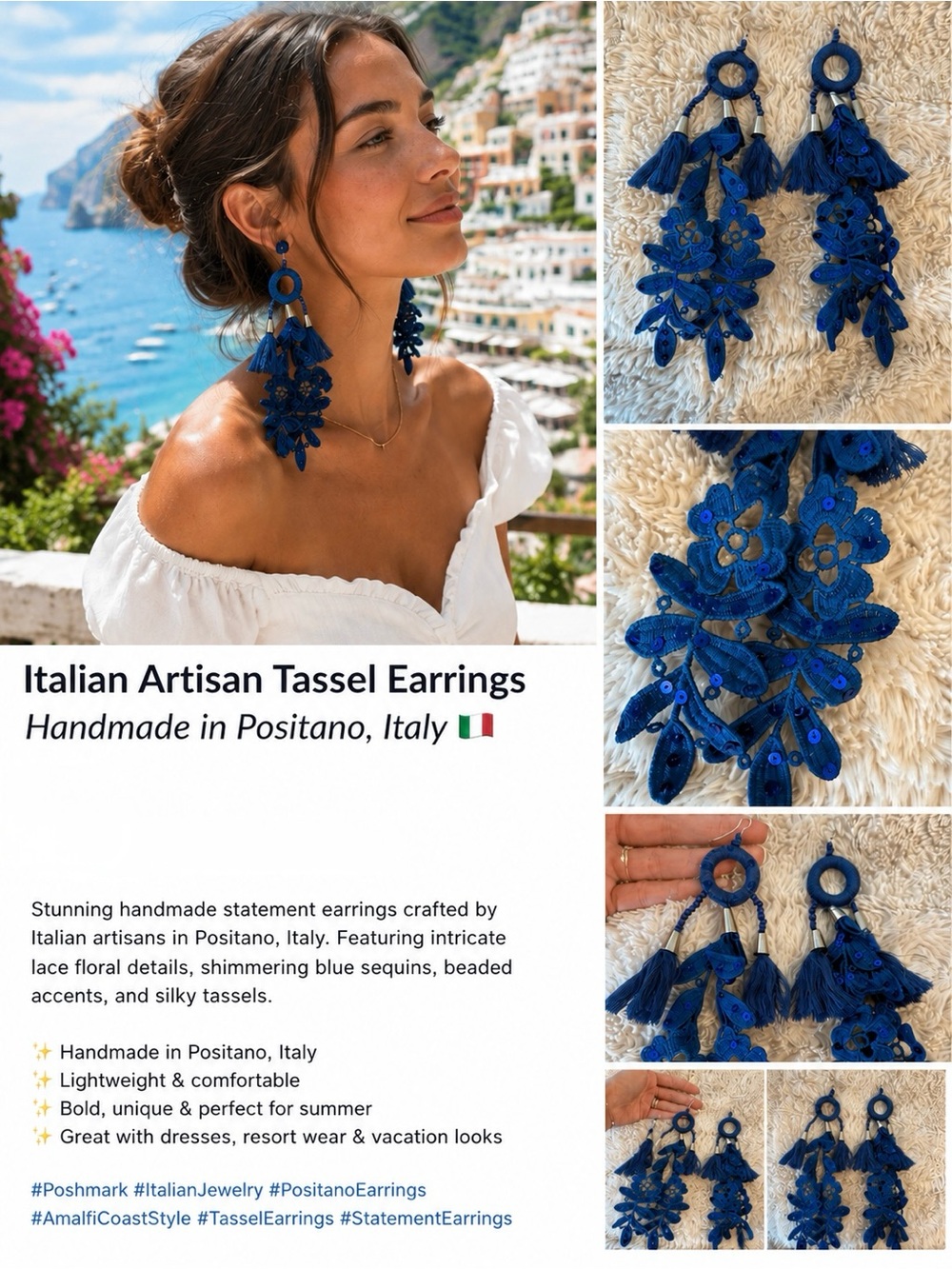 Italian Artisan Blue Lace Tassel Earrings by